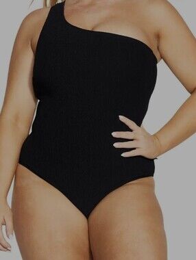 New! CITY CHIC Black Ribbed IZZY One Shoulder Swimsuit / Size 14 Plus